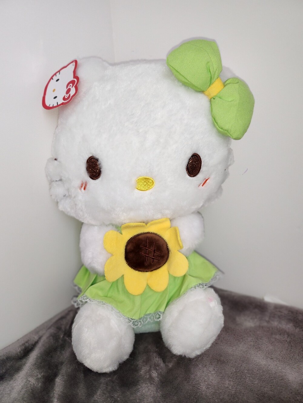 Sanrio White Hello Kitty Plush with Green Bow and Yellow Sunflower